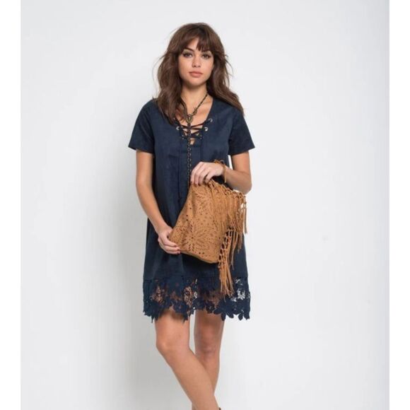 Muche Et Muchette Womens Embroider Trim Lace Up Neck Dress blue size S/M - Picture 4 of 9